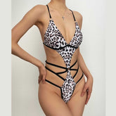 Rückenfreier, gepolsterter Neckholder-Bikini mit Leopardenmuster und Kontrast